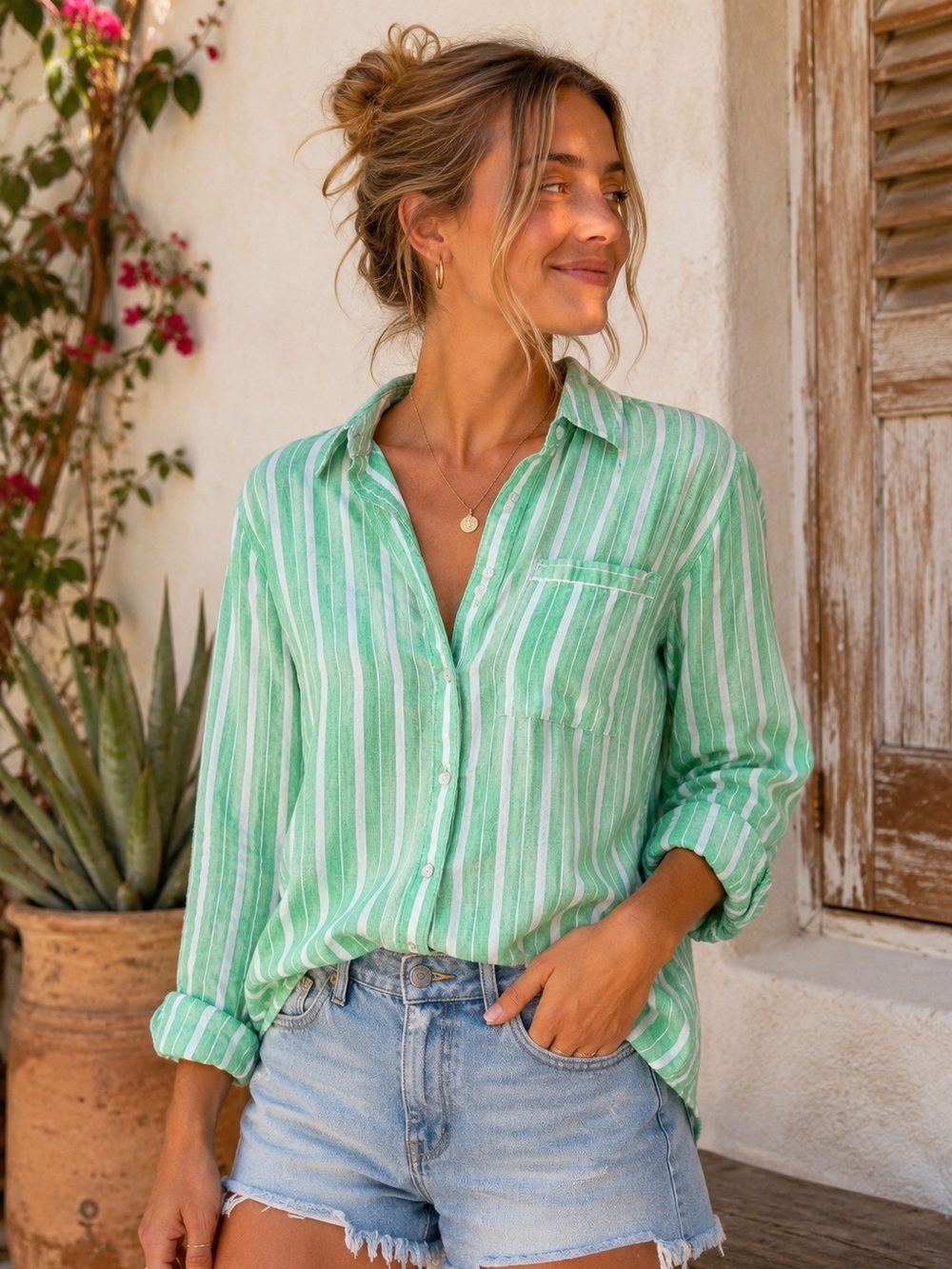 Aerie Green & White Striped Linen Blend Button-Up Shirt Women’s XXS